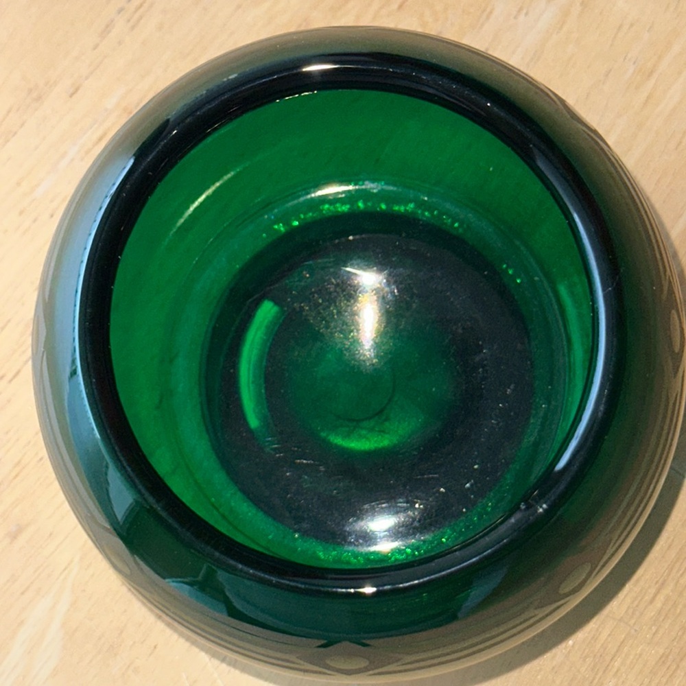 Vtg Dalzell Viking Green Rose Bowl, Round Glass Vase with Geometric Gold Trim - Picture 2 of 4
